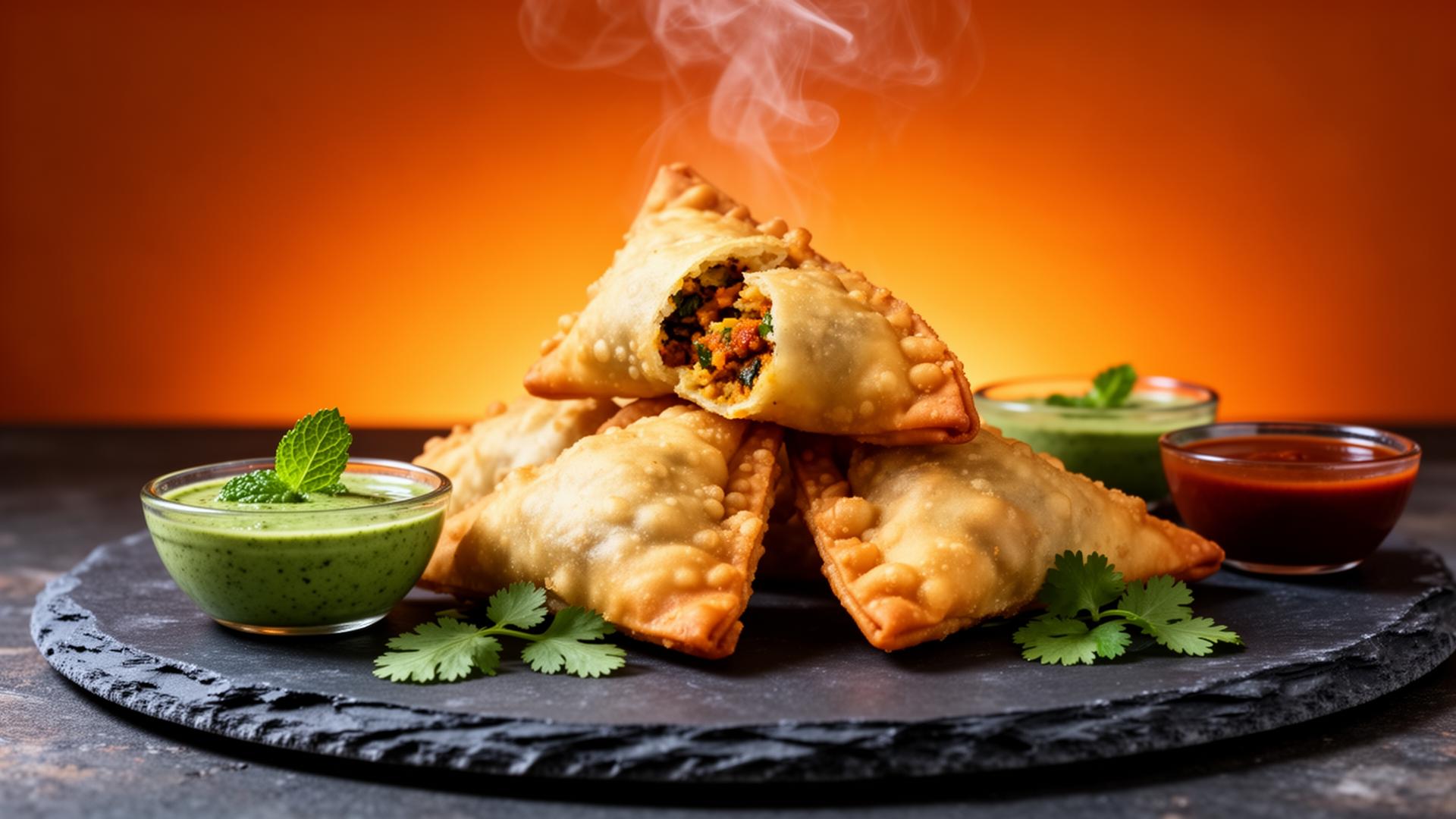 Stack of golden crispy samosas with mint chutney and tamarind sauce