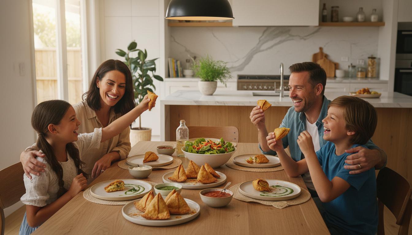 Family enjoying samosas at home